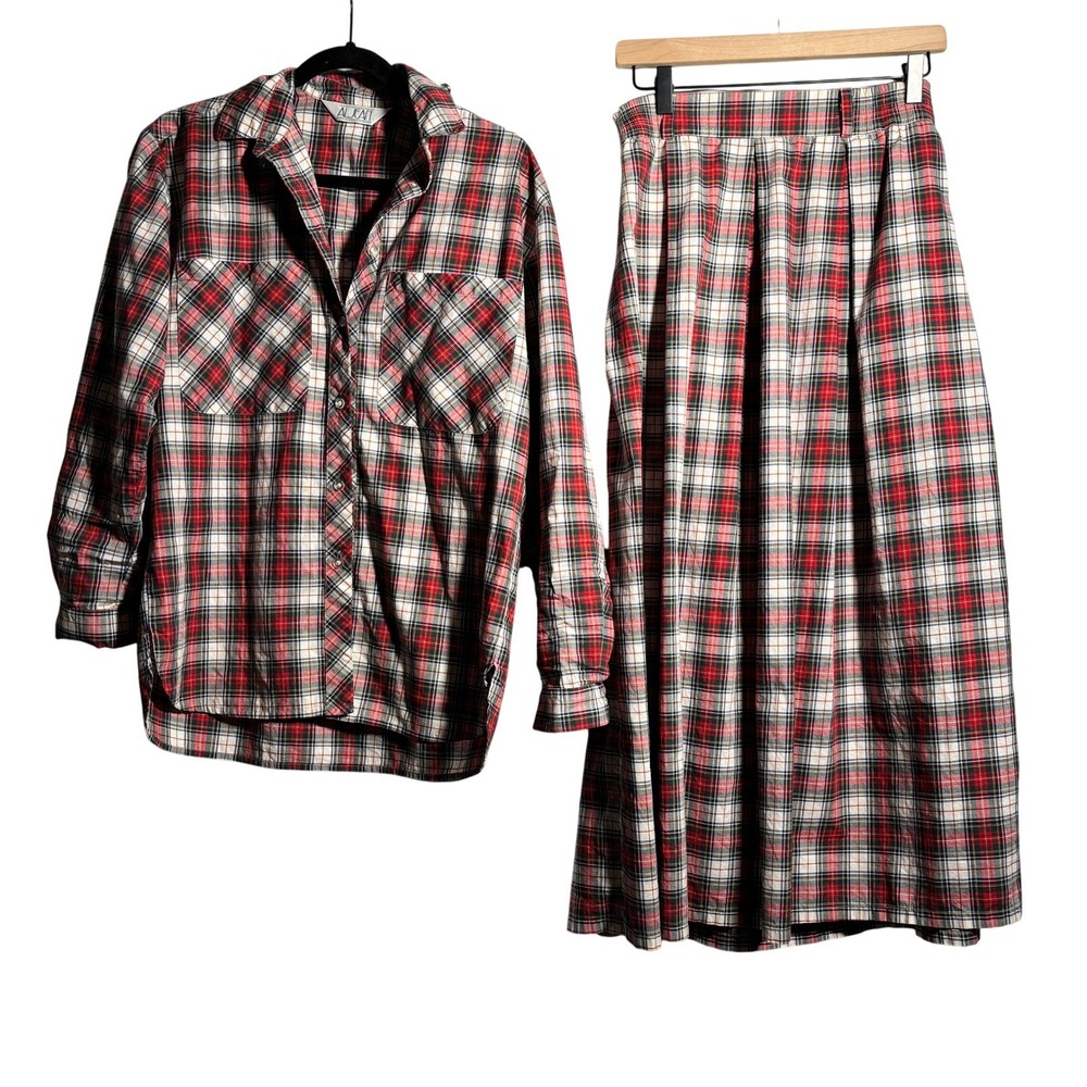 VTG Red Plaid Maxi Skirt Set‎ Holiday Country Core Cotton Long Sleeve Buttons 10
